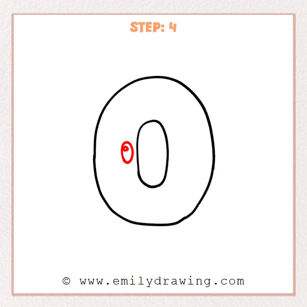 how to draw a bubble letter o - Step 4 of how to draw a bubble letter O adds a small oval eye on the left side with a tiny dot and curved detail inside.